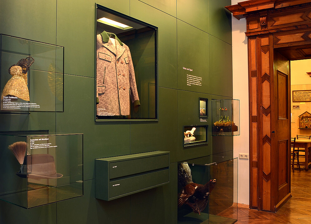 Photo of an exhibition room. There are showcases embedded in a green wall. In them you can see a coat (Schladming skirt), a gold hood and animals, for example, a weasel.