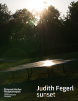 Cover image of the publication for the Artist in Residence project 2021 by Judith Fegerl. Sun shines through the trees of the sculpture park and is reflected on the sculpture made of solar panels. 