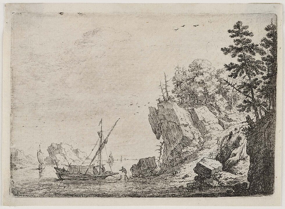 Herman Saftleven (1609–1685), Segelboot vor Felsküste