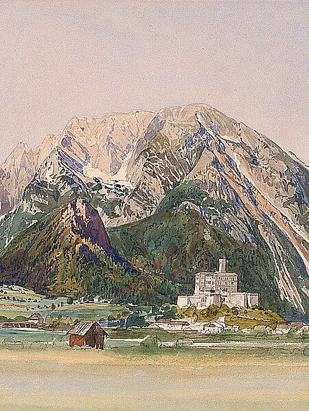 Aquarellzeichnung vom Berg Grimming. Davor steht das weiße Schloss Trautenfels auf einer kleinen Anhöhe.