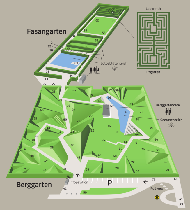 Graphic depiction of the area of the Austrian Sculpture park with path network and artwork positions.