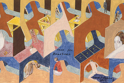 André Thomkins, Haus führ Bewohner, 1965, Gouache, Tempera und Bleistift auf Papier, 15 x 25 cm, Privatsammlung Zumikon