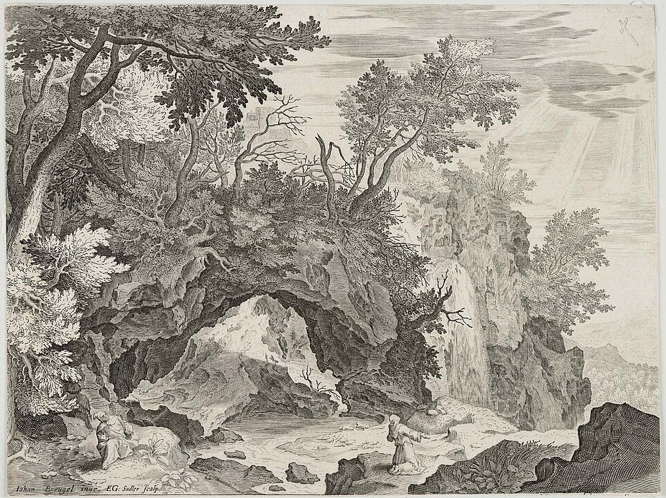 Aegidius Sadeler (1570–1629), Felslandschaft mit Stigmatisation des hl. Franziskus, nach J. Brueghel