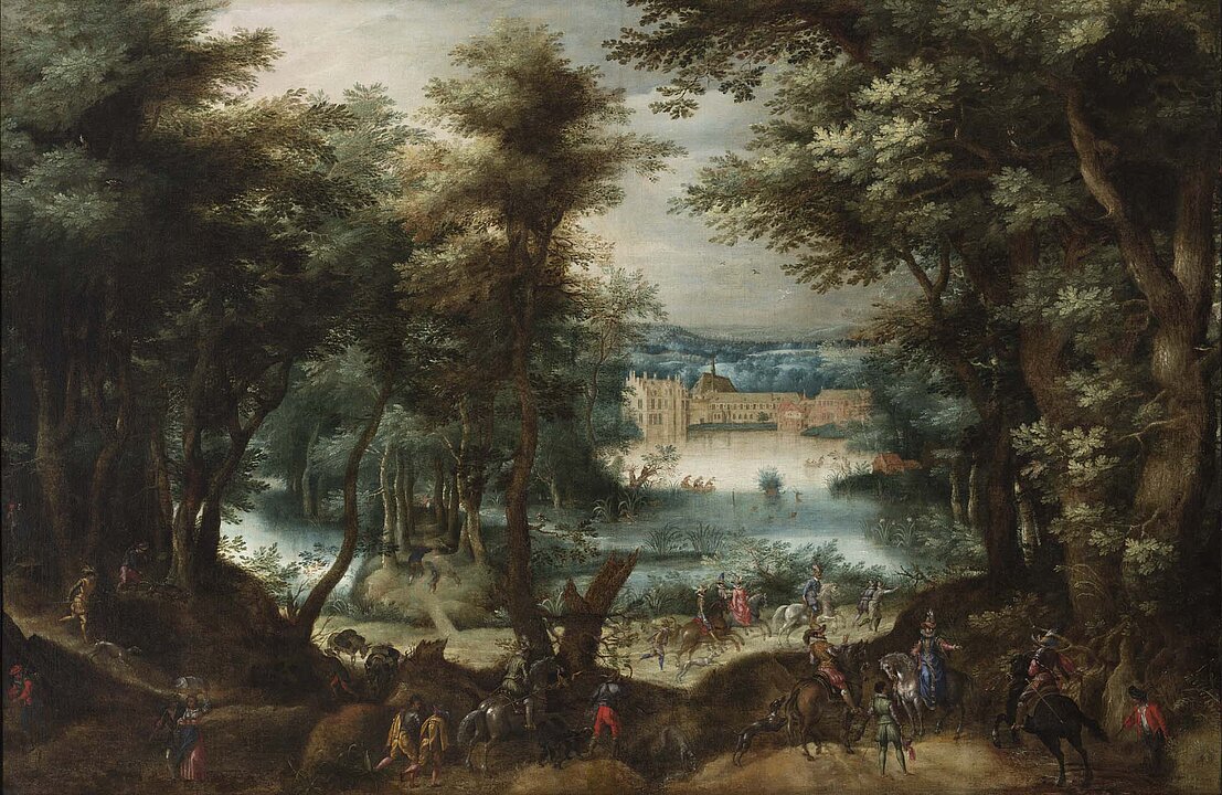 Denis van Alsloot (c. 1570 – c. 1616), Forest Landscape with elegant Hunting Party