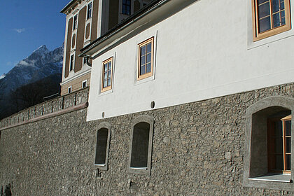 Freshly renovated wall and painted castle building.