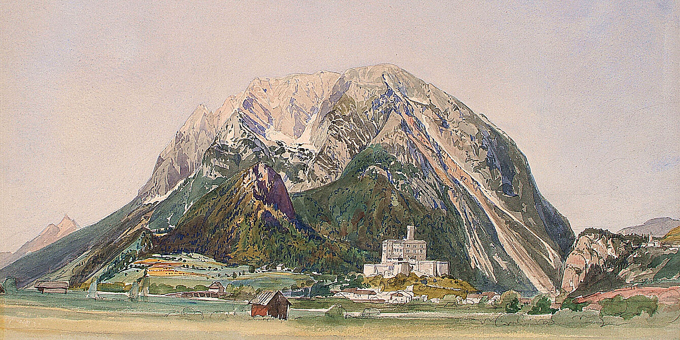Historical watercolor drawing of Trautenfels Castle in front of Mount Grimming