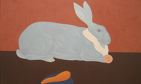painted rabbit infront of red background